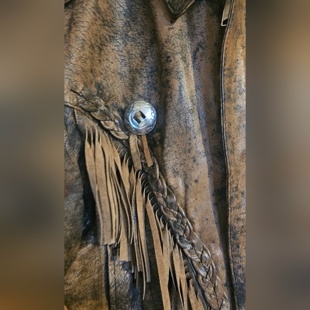 Vintage Western Fringe Real Leather Jacket Brown Distressed Boho Biker Cowgirl - Picture 5 of 16